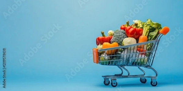 Fototapeta Colorful toy shopping cart filled with assorted frozen vegetables on a bright blue background with ample copyspace to the right for ads or text
