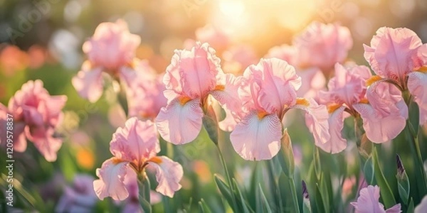 Fototapeta Soft pink irises bloom in sunlight, with a blurred green background creating a serene spring ambiance, emphasizing delicate floral details.
