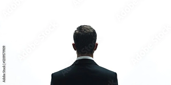 Fototapeta Confident man in a dark suit facing a bright white background, emphasizing solitude and introspection with a focus on the silhouette.