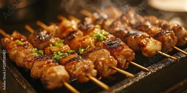 Fototapeta Delicious yakitori skewers with grilled chicken skin garnished with green onions, arranged on a black grill with smoke rising in the background.