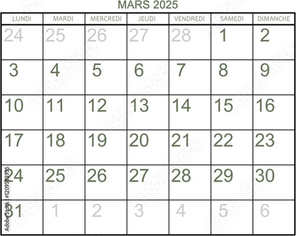 Obraz Grille calendrier pour le mois de mars 2025