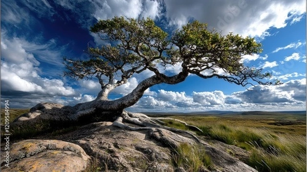 Obraz Windswept tree atop rocky hill, scenic landscape, dramatic clouds