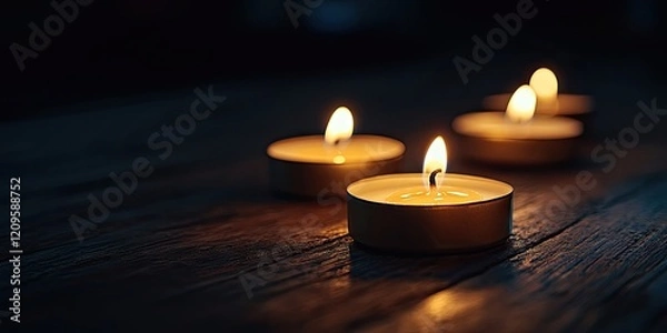 Obraz Illuminated tea light candles glowing softly on a rustic wooden surface in a dimly lit setting with warm yellow and brown tones.