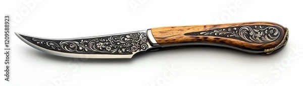 Fototapeta Decorative knife with a wooden handle and intricate metalwork, white isolate background.