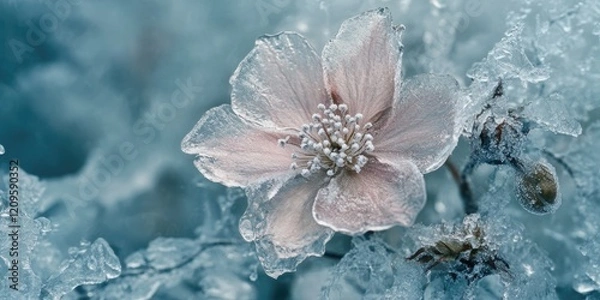 Fototapeta Delicate pale pink flower encased in shimmering ice with crystalline texture on a soft blue background creating a serene winter scene.