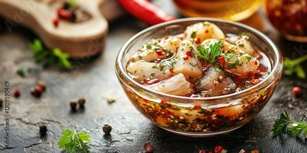 Fototapeta Closeup of a glass bowl filled with vibrant fish marinade featuring herbs and spices against a dark textured background with scattered peppercorns and herbs.