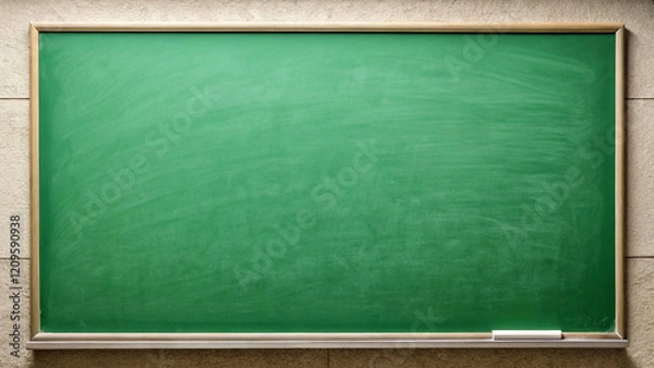 Fototapeta Empty blank green blackboard green board education concept green chalkboard framed in wood, perfect for classroom use." green background 