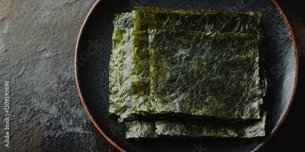 Fototapeta Nori sheets neatly stacked on a textured dark plate with a rustic background featuring deep blacks and subtle greens for culinary presentation