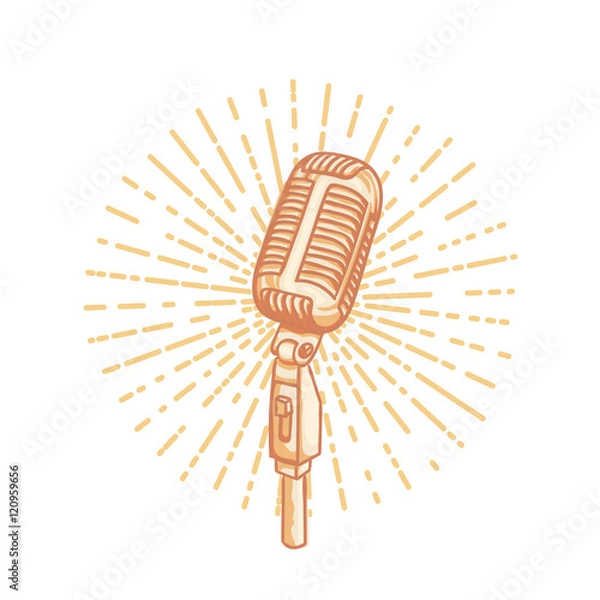 Fototapeta Retro golden microphone. Hand drawn retro illustration with sunburst, isolated on white. Suitable for banner, ad, t-shirt design. Vintage design element