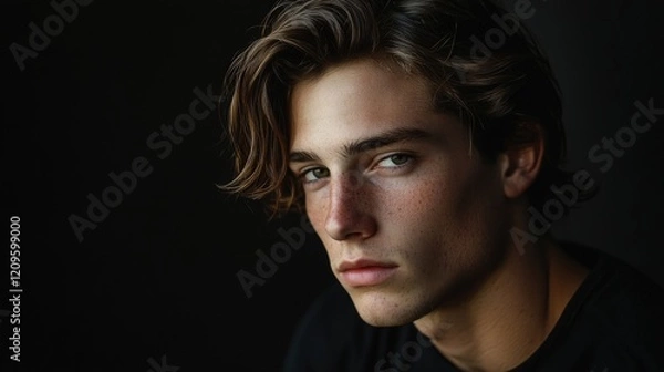 Fototapeta Intense Portrait of a Young Man with Freckles and Flowing Hair against a Dark Background, Capturing Emotion and Depth in Studio Lighting