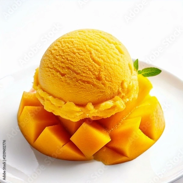 Fototapeta Close-up shot of a mango ice cream scoop, showcasing its creamy texture and sweet allure. Captured from multiple angles, it's perfect for highlighting desserts and decorative presentations.