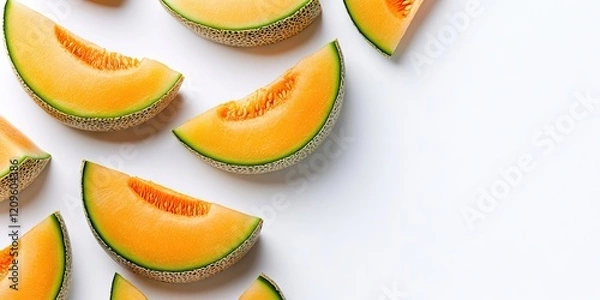 Fototapeta Fresh cantaloupe melon slices in a flat lay arrangement on a white background with ample copy space, showcasing vibrant orange and green colors.
