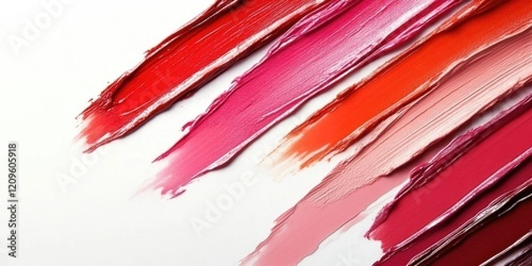Fototapeta Vibrant lipstick swatches in shades of red, pink, and coral against a soft white backdrop, arranged diagonally for an appealing flat lay.
