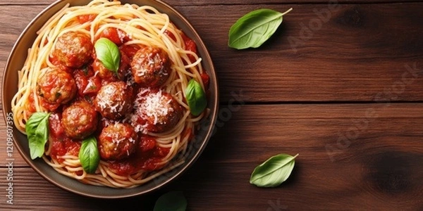 Obraz Delicious spaghetti with meatballs in tomato sauce on a dark wooden table with fresh basil leaves positioned around for a rustic look