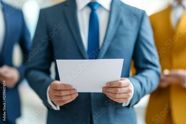 Fototapeta A man in a suit holds a paper in a professional setting, flanked by two others, conveying a sense of business and formal communication.