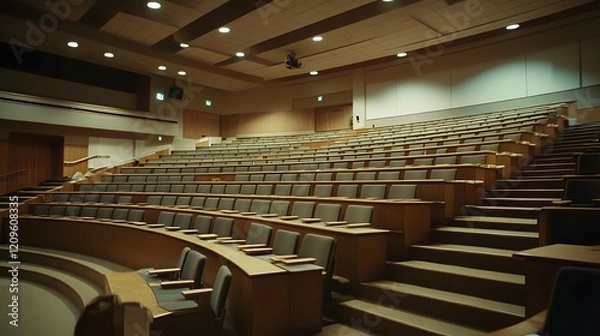 Fototapeta Large lecture hall with tiered seating, neutral tones, and soft spotlighting. Designed for presentations or educational talks.