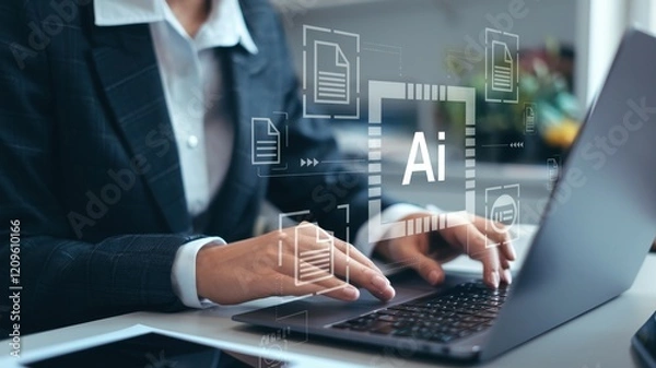 Fototapeta Professional person in formal attire using laptop with AI