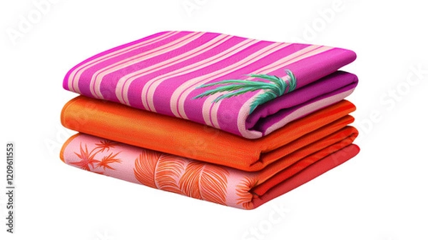 Fototapeta Colorful stacked beach towels in vibrant shades, perfect for summer days by the pool or beach.