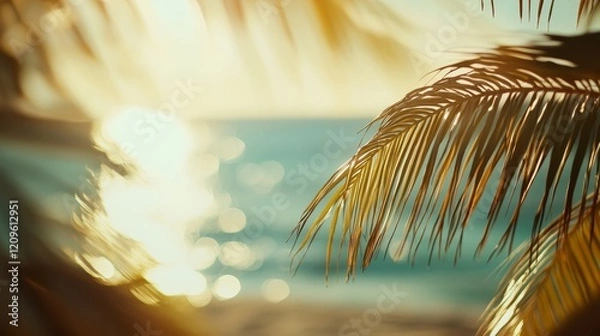 Obraz Tropical sunset glow, beach palm trees, ocean waves, warm sunlight, coastal summer vibes