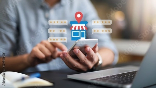 Fototapeta Person holds smartphone showing store map with star ratings