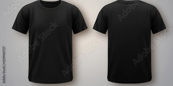 Fototapeta Black T-shirt template mockup, front and back views, isolated on a white background. bokeh background