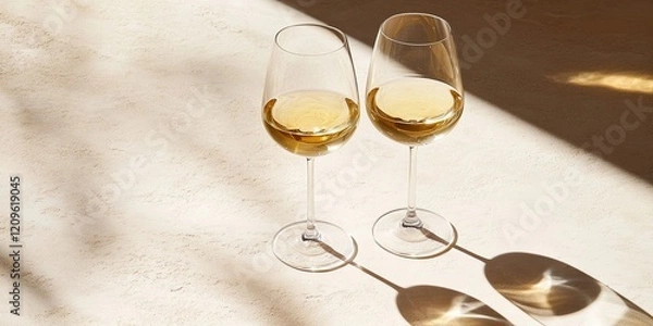 Obraz Two elegant glasses of white wine on a light beige surface with soft shadows and bright highlights reflecting natural sunlight during the day