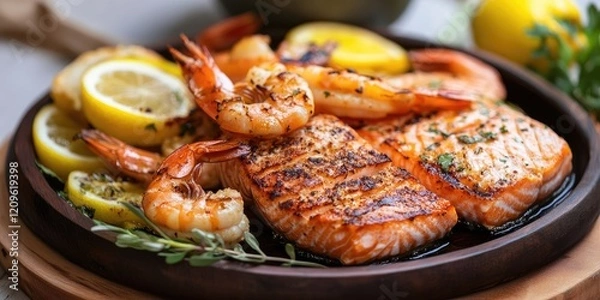Fototapeta Grilled salmon fillet and prawns on a wooden plate with fresh lemon slices and thyme on a textured background in warm tones.