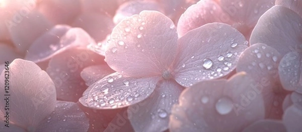 Fototapeta Close-up of pink flower petals with dew drops in soft sunlight.