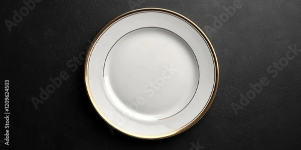 Obraz Elegant white plate with a gold rim centered on a dark textured background, showcasing a minimalist design and fine dining aesthetics.