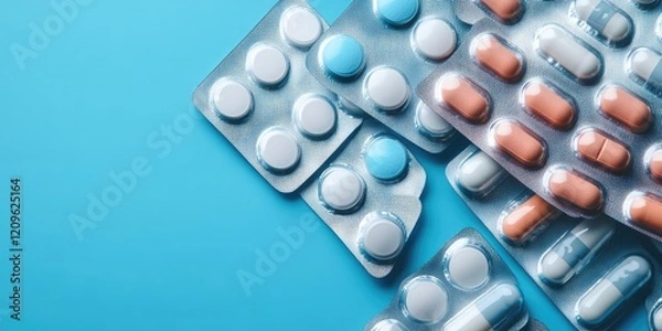 Obraz Assorted medicine pills capsules and tablets in foil blister packs on a bright blue background with ample space for text and branding