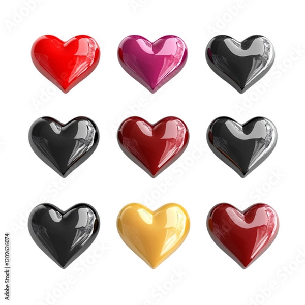 Fototapeta Nine glossy hearts in red pink black and gold colors
