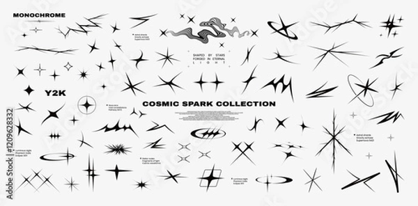 Fototapeta Retrofuturistic stars, sparks, flashes, flat glare in Y2K set. Retro futuristic shapes, cyber sigilism elements, space sparks. Vaporwave acid elements from 80s, 90s, 00s. Y2k stars. Vector graphic set