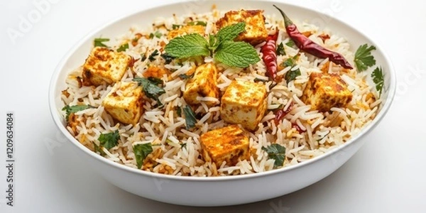 Obraz Vegetarian paneer biryani in a white bowl with basmati rice green mint leaves red chilies and cilantro on a white background showcasing vibrant flavors