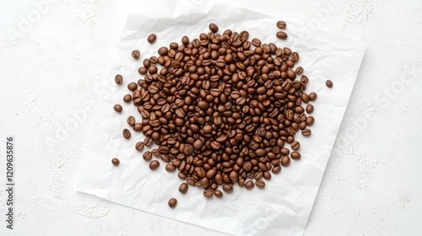 Fototapeta Roasted brown coffee beans scattered on white parchment paper in a flat lay composition ideal for showcasing Italian espresso preparation techniques.