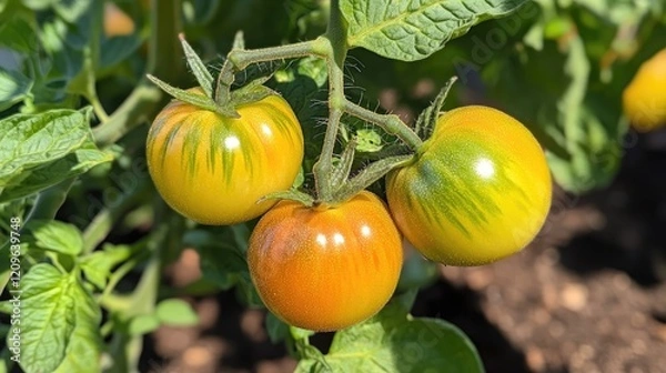 Fototapeta Vibrant ripe tomatoes hanging on the vine illuminated by warm sunlight in a lush garden setting