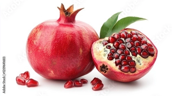 Fototapeta Fresh ripe pomegranate with seeds and leaves isolated on a white background showcasing natural beauty and vibrant color