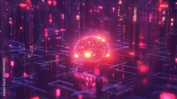 Obraz Glowing brain in futuristic digital network.