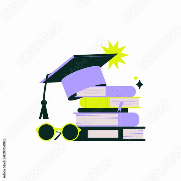 Fototapeta Graduation Cap On Stack Of Books With Glasses In Flat Vector Illustration Symbolizing Education, Knowledge, And Academic Success, Isolated On White Background.
