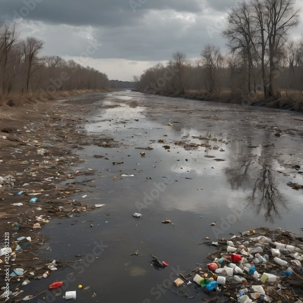 Fototapeta An image of a polluted river showing plastic waste, garbage and chemicals floating on the surface of the water. I
