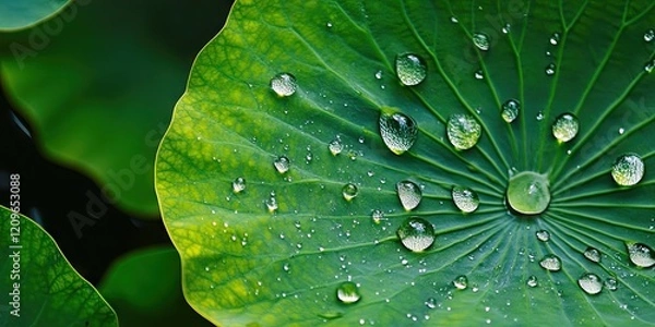Fototapeta Vibrant green lotus leaf with water droplets scattered across its surface highlighting intricate leaf texture in a fresh natural setting.