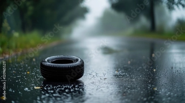 Fototapeta Lonely black tire on a rainy asphalt road with blurred background ideal for text overlay and automotive themes