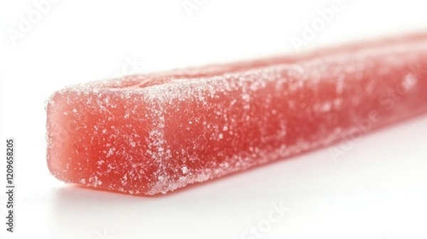 Fototapeta Close up of a single red chewy candy coated with sugar isolated on a white background highlighting its texture and vibrant color