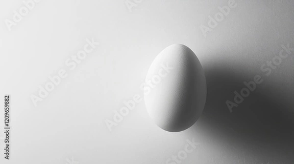 Fototapeta Elegant white egg standing vertically on minimalistic white background with soft shadows creating a serene and modern aesthetic.