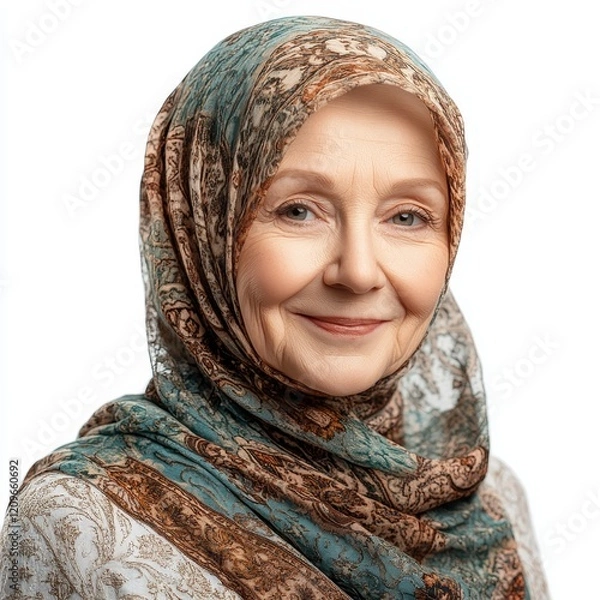 Fototapeta Beautiful Elderly Woman in Hijab Smiling, Isolated on White Background. Symbolizing Wisdom, Grace, and Cultural Elegance, Embracing Diversity and Empowerment.
