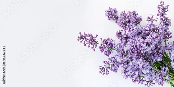 Fototapeta Vibrant purple lilac bouquet in a vase positioned on the right with ample white background space for text or product placement