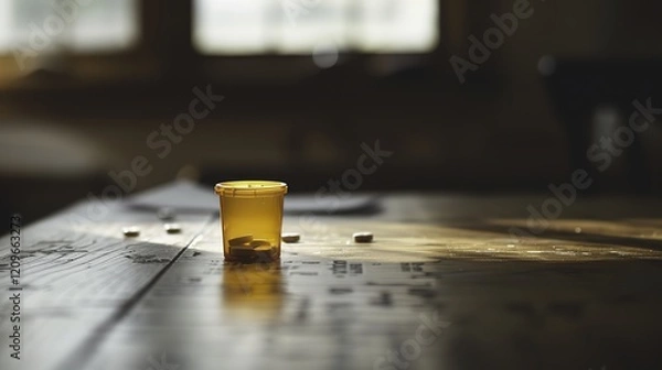 Obraz Empty prescription pill bottle on wooden table with scattered pills and medical chart, symbolizing the opioid crisis and healthcare challenges in modern society.