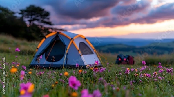 Obraz Serene mountain camping at sunset
