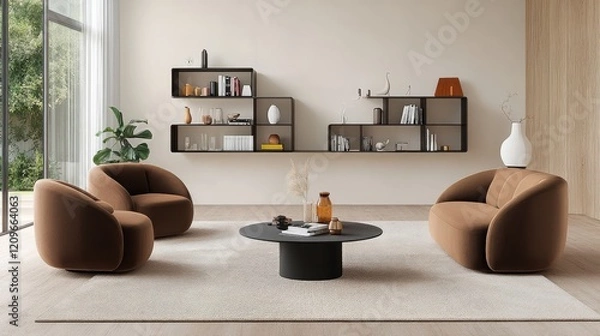 Obraz Contemporary space featuring a Mocha Mousse sofa set, bold accent colors, and sleek shelving