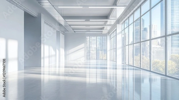 Fototapeta Sunlit modern empty office space with large windows and city view.