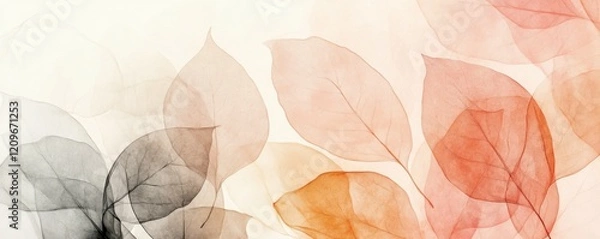 Fototapeta Abstract leaves, watercolor design, soft colors, nature background Delicate artwork featuring translucent leaves in shades of pink, orange, and gray against a warm beige